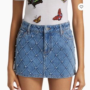 Alice & Olivia Faux Pearl & Rhinestone Indigo Denim Skirt Size 28 NWOT